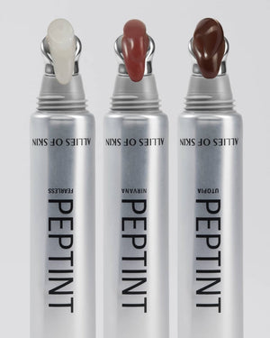 Three silver tubes of Allies of Skin Peptint moisturizer in shades Niavana, Fearless, and Utopia, with cream-colored product swatches displayed on top of each tube against a light gray background.